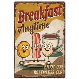 Hobbspring 1pc Vintage Metal Tin Sign 20x30cm Retro Iron Funny Breakfast Sign Rusty Look Breakfast Anytime Coffee Diner Poster for Kitchen Restaurant Home Outdoor Indoor Garden Decorate