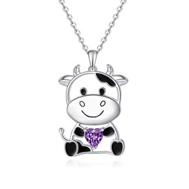 Cow Birthstone February Necklace 925 Sterling Silver Pendant Necklace Cow Charm Gifts for Women