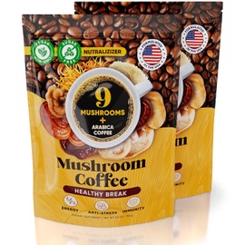 Immune Booster Mushroom Coffee 9 Natural Mushrooms + Organic Arabica 10-in-1 Immune Defense - Lion's Mane, Reishi, Chaga, Turkey Tail, Maitake, Shiitak & More + Energy & Focus, 2-pack