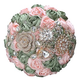Ljxoaieu Ribbon Rose Diamond Eternal Bouquet for The Bride's Bridesmaid, Forest Sage Magnificent Handcrafted Brooch Bouquet for The Wedding Church Gathering
