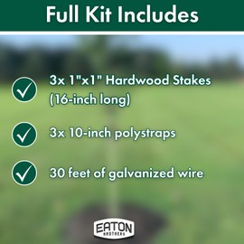 Eaton Brothers Tree Stake Kit – Complete Young Tree Support System with 3 Hardwood Stakes, 3 Poly Straps & 30 ft Galvanized Wire – Protects New Trees from Wind & Leaning