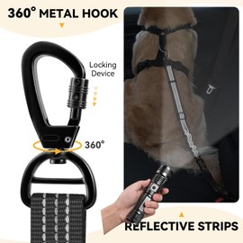 Pawaboo Dog Seat Belt for Car, 3-in-1 Dog Belt, Shockproof Dog Seat Belt with Buckle & Hook Closure, Adjustable Reflective Dog Lead with 360° Lockable Buckle, Black