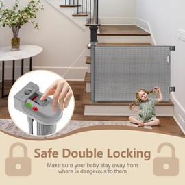 Retractable Baby Gates for Stairs Doorways, 122" Extra Wide Mesh Baby/Dog/Pet/Cat Gate with Safety Double Lock, 34" Tall Retractable Dog Gate, Child Safety Gate Use for Indoor/Outdoor - Gray