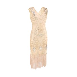1920s Women's Gatsby Costume Flapper Dresses V Neck Fringed Dress with 20s Accessories Set of 7 Beige