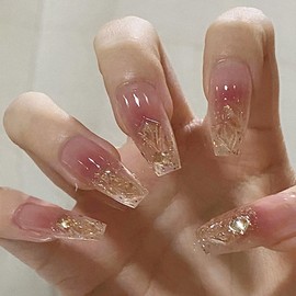24Pcs False Nails - 3D Diamond False Nails with Glue - French Diamond Glitter Full Cover Stick on Nails - Shiny Long Coffin Shape Luxury Design Fake Nails for Women Girls