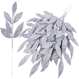 40 Pieces Artificial Silver Glitter Leaf Spray Leaf Picks 13" Tall for Christmas Winter Wedding Wreath Tree Swag Floral Arrangment Vase Bouquets Table Centerpieces Decoration