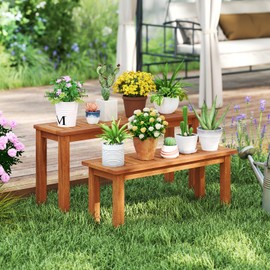 Tangkula Wooden Plant Stand Set of 2, Outdoor Indoor Solid Wood Flower Pot Holder Display Shelf w/ Teak Oil Finish, Slatted Top, Rustic Plant Rack for Patio Garden Entryway Front Porch