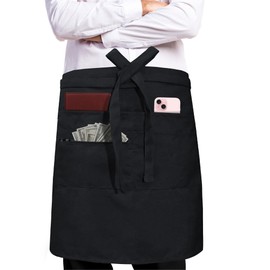 TEXVIDA Unisex Bistro Server Apron with Zipper Pocket - Commercial Grade (Black, 24x20 Inches)