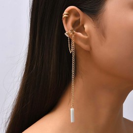 Iaceble Boho Tassel Chain Ear Cuff Earrings Long Chain Cartilage Cuff Earrings Gold Fake Helix Ear Cuff Earrings White Bar Drop No Piercing Earrings Jewelry for Women