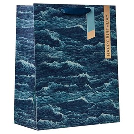 Design By Violet Umi Large Gift Bag – Ocean Wave Print with Gold Foil Happy Birthday Message & Printed Sea Water Interior – Luxury Paper Bag for Birthdays