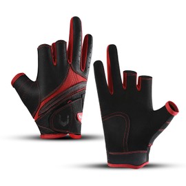 SUJAYU Fishing Gloves Men & Women, Anti-Slip & Breathable Suede Fabric Kayak Gloves Sailing Gloves, 3-Cut Fingers Ice Fishing Gloves Fly Fishing Accessories (Black+Red, S/M)