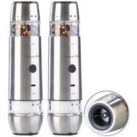 Rosenstein & Söhne Dual Salt Pepper Mill: Set of 2 Automatic 2-in-1 Cordless Spice Mills with 2 Ceramic Grinders (Multifunctional Spice Mill, Cordless Combination Spice Mill, BBQ)