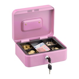 Relaxdays Lockable Cash Box, Removable Insert, 5 Compartments, Iron Money Box, H x W x D: 8.5 x 20 x 17 cm, Pink
