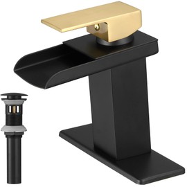 Bathfinesse Bathroom Sink Faucet Gold with Matte Black Waterfall Modern Vanity Lavatory Single Hole One Handle Bath with Metal Pop Up Drain Mixer Tap Overflow Water Supply Line Lead-Free