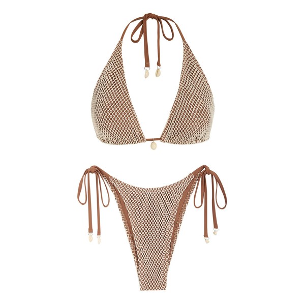 ZAFUL Women's Triangle Bikini Multiway Fishnet Side Tied Bandeau Halter
