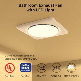 FWASTT Bathroom Exhaust Fan with Light UL and HVI Certified 120 CFM 1.2 Sones 11.8 Inch Bathroom Vent Fan with Adjustable LED Light 2700K 4000K 6500K Quiet Ventilation for Home Bath Hotel