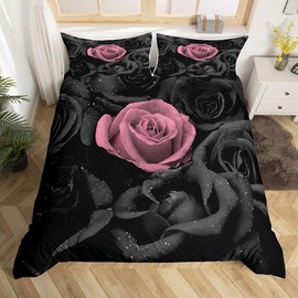 Feelyou Rose Bedding Set Black Pink Rose Floral Flower Comforter Cover Set Queen Size Garden Flower Duvet Cover Bedroom Decor Romantic Valentine's Day Bedspread Cover Bedding Collection 3Pcs