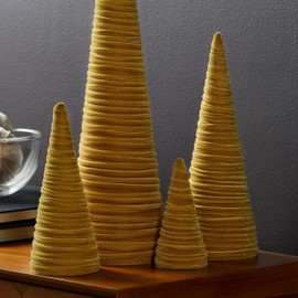 Gold Velvet Cones Set of 4, Mantel decor, Holiday Entryway, Wedding Centerpiece, Metallic Accent, Christmas Tablescape, Tree Figurines (Gold)