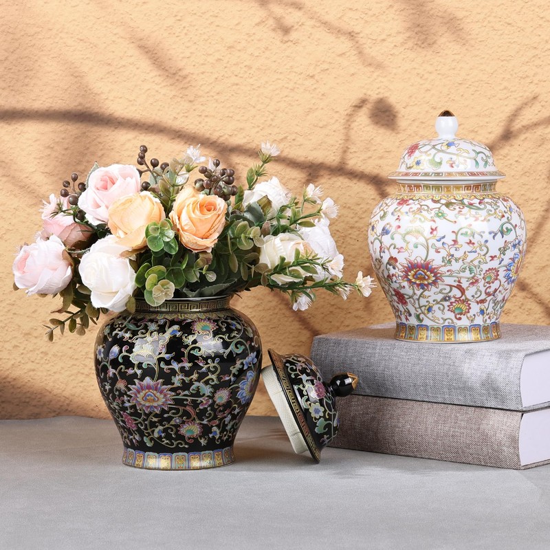 Enamel Ginger Jar with Lid 7.72"H,Handmade Chinoiserie Ginger Jar, Ceramic