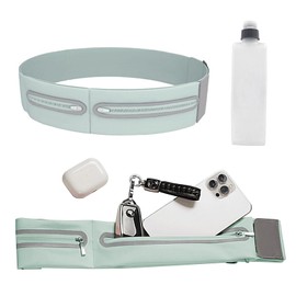 Running Belt with Bpa-Free Water Bottle Adjustable Hydration Belt for Men and Women with 3 Zippered Pockets and 360° Reflective Stripes for Running Hiking Marathon Travel (L,Green)