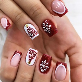 Christmas Snowflake Press on Nails 24 Pcs Xmas Tree Fake Nails Medium Square Red Sparkly French False Nails Glossy White Curve Line Stick on Nails Stars Gel Glue on Nails for New Years Gifts Women