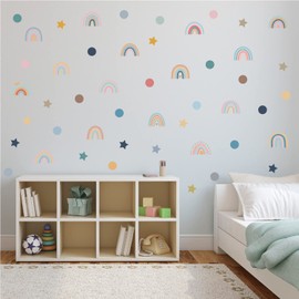 Rainbow Wall Decals- 4 Sheets 76 Pcs Rainbow Star Dots Wall Stickers Peel and Stick Boho Wall Decor for Girls Bedroom Baby Nursery Playroom
