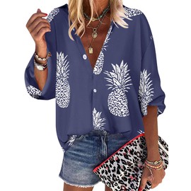 ZXZY Women Pineapple Printed Lapel Collar Half Sleeves Buttons Down Blouse Shirt (Blue, X-Large)