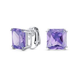 Traditional Classic Large Statement Square Princess Cut AAA CZ Solitaire Clip On Stud Earrings for Women Silver-Plated Non-Pierced Simulated Gemstone Colours 12 mm, 12, Cubic Zirconia