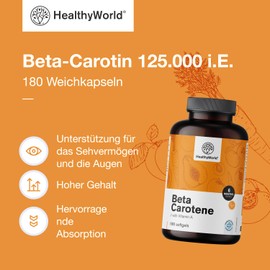 HealthyWorld Beta-Carotin 125.000 i.e. – 25.000 μg Vitamin A pro Dosis – 180 Weichkapseln – 6 Monate Vorrat – Glutenfrei und Laktosefrei – Unterstützung für das Sehvermögen und das Immunsystem