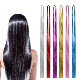 1200 Glitzer Haarsträhnen Kit, 6 Colors Lametta-Haarverlängerungen Zöpfe, Glitzer-Lametta-Haarverlängerungen, Lametta für Die Haare für Party