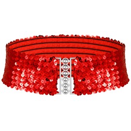 Sequin Wide Belt Women's Metal Buckles Shiny Waist Belt, red
