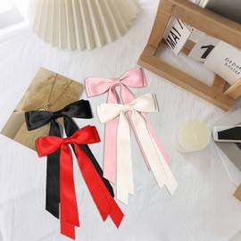 ZUFIO 2PCS Silky Satin Hair Bows Hair Clip Black Hair Ribbon Ponytail Holder Accessories Slides Metal Clips Hair Bow for Women Girls Toddlers Teens Kids (Cream/Black)