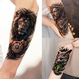 75 Sheets Realistic Lion Tiger Wolf Temporary Tattoos For Men Women Adults, Half Arm Sleeve Fake Tattoo Stickers Skull Skeleton Compass, Bulk Temp Rose Flower Jesus Christ Tattoo Spartan Warrior Eagle