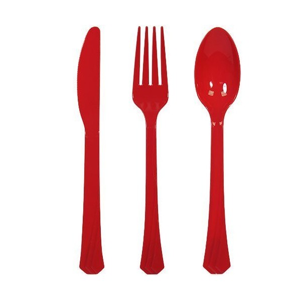 Tiger Chef Plastic Cutlery Set Heavy Duty Colored Plastic Silverware Includes 16 Forks, 16 Teaspoons, and 16 Knives (Red, 48)