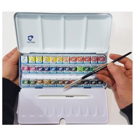 36 Näpfchen Feine Van Gogh Künstler Aquarellfarben im Metall Aquarellkasten incl. Pinsel und Mischpalette Geschenkset und Papierwischer