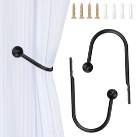 Metal Tie Back Hooks for Curtains, 2 Pcs Drapery Holdbacks for Fixed Curtains Heavy Duty U Shaped Metal Curtain Holdbacks Curtain Tie Backs Hook with Screws for Home Decor (Black)