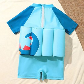 ABEHIK Kids One Piece Floatation Swimsuit for Girls Boys Summer Short Sleeve Lovely Bathing Suits with Adjustable Buoyancy Float Suit Swimwear Swim Vest Blue 18-24 Months