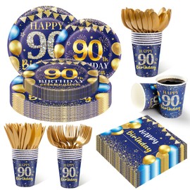 350PCS 90th Birthday Party Decorations for 50 Guests Blue and Gold Party Supplies Include Disposable Paper Plates, Napkins, Cups, and Tableware