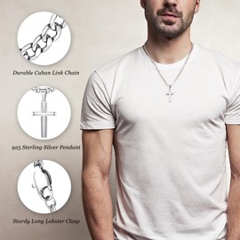 Besteel 925 Sterling Silver Cross Necklace for Men Women 5mm Big Beveled Edge Men's Stainless Steel Diamond Cut Curb Cuban Link Chain Crucifix Cross Pendant Jewelry 18 Inches