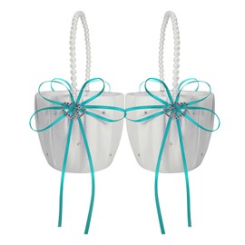 2 Pcs Wedding Flower Girl Baskets, Double Heart Flower Storage Basket with Cute Pearl Handle Bowknot for Wedding Ceremony (Blue)