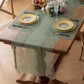 Camino de mesa de encaje rústico, bohemio, para boda, clásico, romántico, para verano, cocina, fiesta, decoración para novia, ducha, Halloween, compromiso, hotel, hogar (verde, 18 x 87 pulgadas)