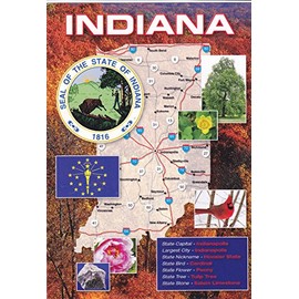 STATES1IND - THE STATE OF INDIANA POST CARD MAP ; State Nickname - HOOSIER STATE ; .- Statehood: 1816; Capital: Indianapolis; State Bird: Cardinal; State Flower: Peony; A U.S. State POSTCARD .... from HibiscusExpress