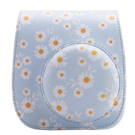 QICNMFA Schutzhülle kompatibel mit Fujiilm Mini 12 11 9 8 8+ Sofortbildkamera, Kameratasche aus PU-Leder mit Tasche und verstellbarem Schultergurt (Blaues Gänseblümchen)