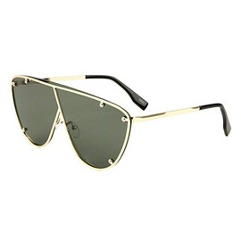 Luxury XL Oversized Retro Shield Aviator Sunglasses (Gold & Black Frame, Green Lens)