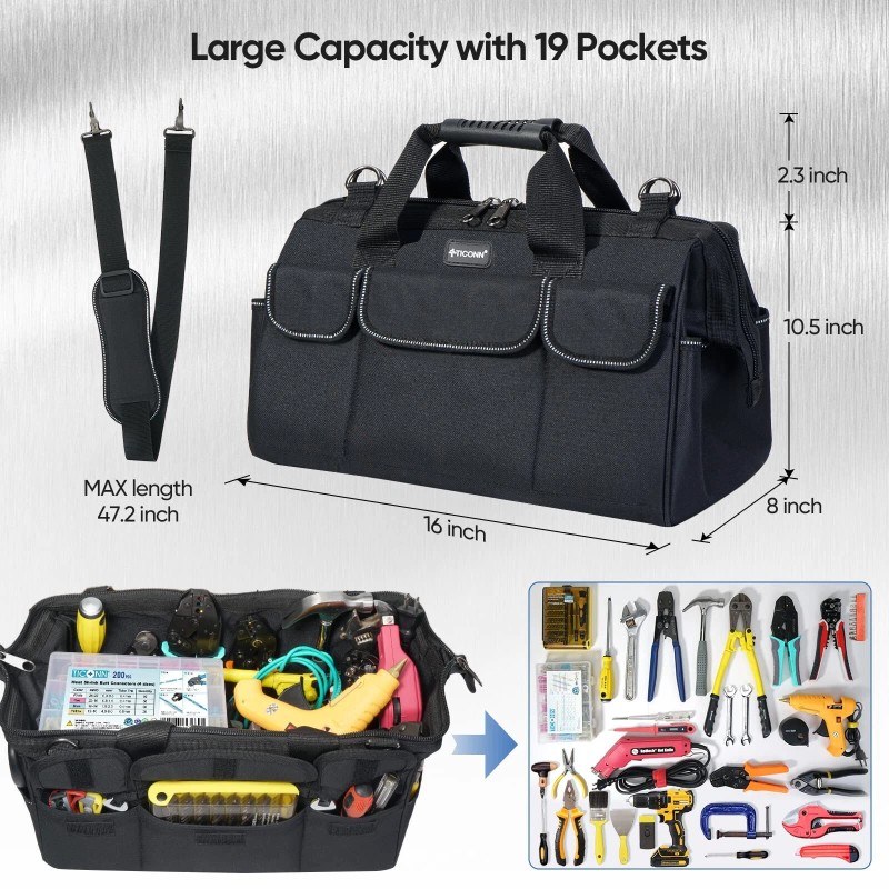 TICONN 16in Tool Bag with Waterproof Soft Bottom, Multi-Pockets Wide