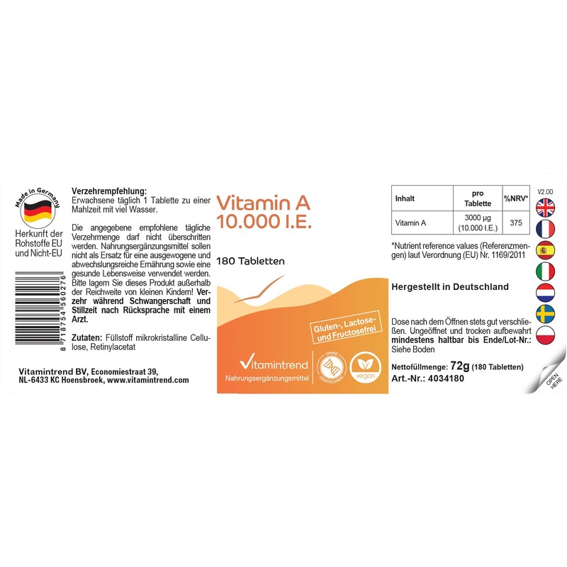 Vitamintrend Vitamin A 10,000 IU, 180 Tablets, Swallow-friendly, Retinyl Acetate,