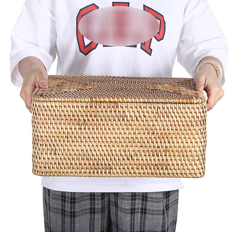 Hipiwe Rattan Basket With Lid Rectangular Lidded Basket Natural Hand-Woven
