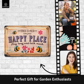 LANOLU Vintage Tin Sign Garden This is Our HAPPY PLACE, Farmhouse Metal Signs, Funny Garden Signs, Garden Plaque Decorative Outdoor Metal Signs for Outside Wall, Porch Patio 12x8"