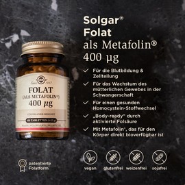 SOLGAR® Folate (as Metafolin®) 400 mcg, also known as vitamin B9 | for desire to have children, pregnancy and breastfeeding and vegan diet | 100 vegan tablets