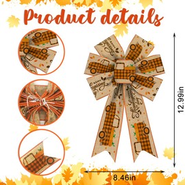 2 Pieces Fall Bows for Wreath, Thanksgiving Pumpkin Wreath Bows Autumn Truck Bows Orange Natural Burlap Bow Holiday Bows for Front Door Fall Thanksgiving Day Decorations Suppies